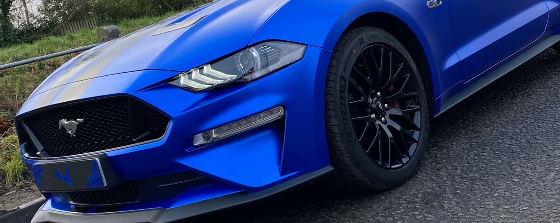 Mustang wrapped in satin chrome blue